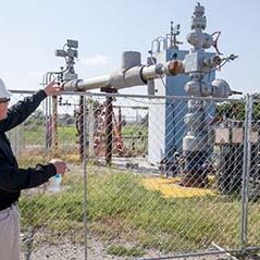 male field utility worker looking at large-scale CO2 injection equipment at a saline formation in the Illinois Basin.